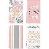 Artoid Mode Pink Stripes Home Sweet Home Boho Kitchen Towels Dish Towels, 18x26 Inch Wedding Decoration Hand Towels Set of 4