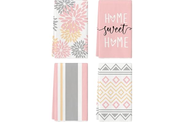 Artoid Mode Pink Stripes Home Sweet Home Boho Kitchen Towels Dish Towels, 18x26 Inch Wedding Decoration Hand Towels Set of 4