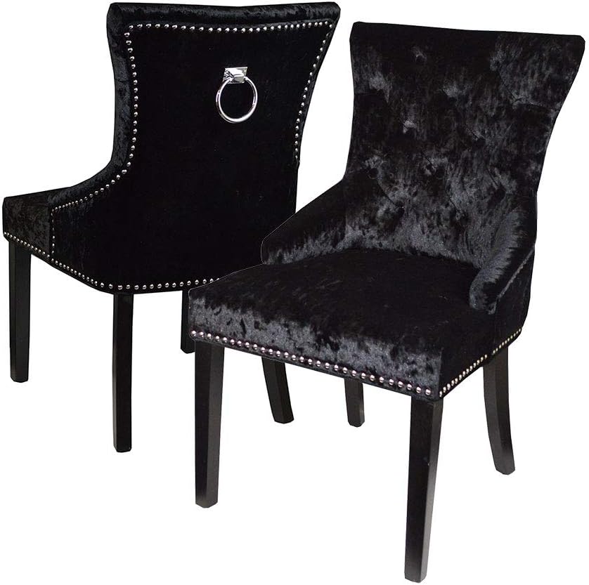 Pair of Black Crushed Velvet Dining Chairs Back Ring Knocker Chrome Studs