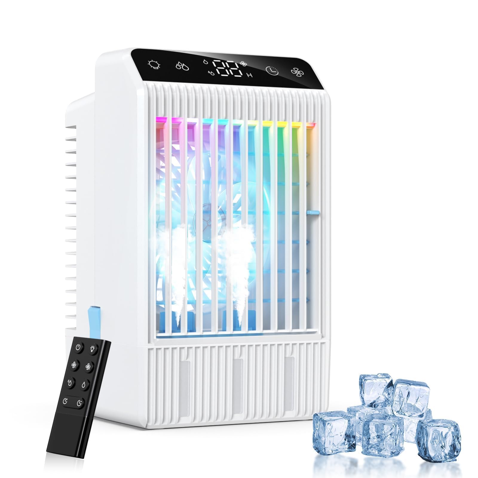 Photo 1 of (mini desk size) Portable Air Conditioners with Display, 1000ml Mini Air Conditioner 4-in-1 Air Cooler Remote Humidifier Mini AC with Dual Spray & 7 Colors Light, 4 Speeds Timing Personal Air Conditioner Cooling Fan