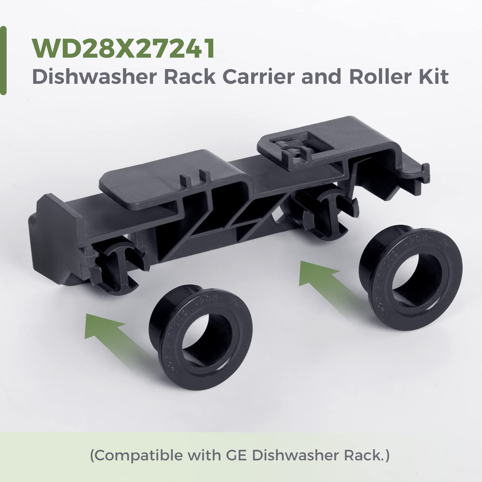 WD28X27241 Dishwasher Rack Carrier and Roller Kit Compatible GE Dishwasher Lower Rack Wheels Assembly, Fits L and R Side. Exact Fit Replaces WD12X28078 WD12X10438 WD12X10439 WD12X10446 1PCS