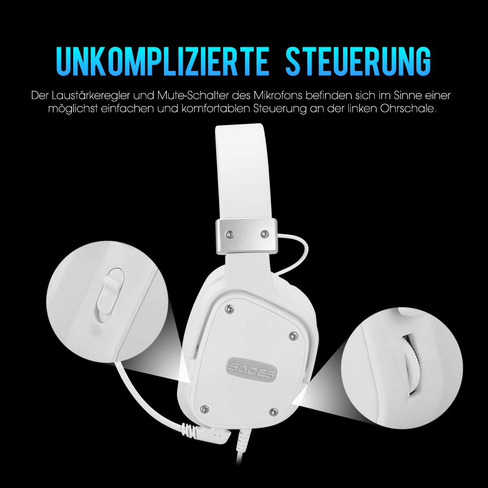 SADES Gaming- Headset für PS4, Snowwolf, kabelgebundene Over-Ear-Gaming-Kopfhörer mit Stereo-Sound, 3,5 mm Klinke, abnehmenbares Mikrofon und Lautstärkeregelung, für PC, Tablet, Laptop