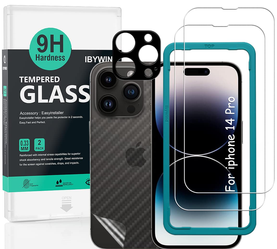 Ibywind Screen Protector (2 Pack) For iPhone 14 Pro,9H Hardness Tempered Glass,With 1Pc Metal Camera Lens Protector,1Pc Back Protector,Easy to Install