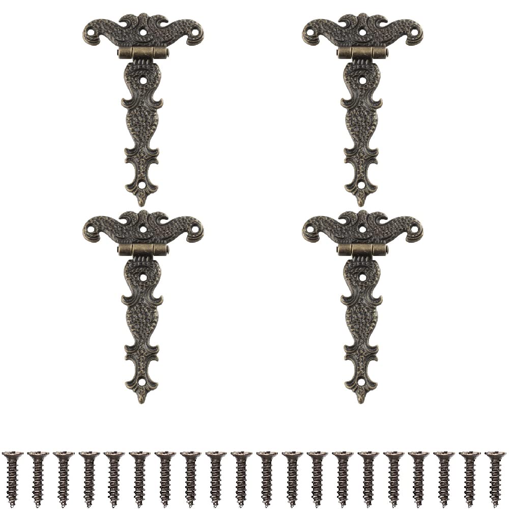 Lxoraziy 4-Piece Retro Bronze Hinges, Zinc Alloy T-Shaped Hinges for Cupboard, Drawer, Bookshelf, Wooden Box