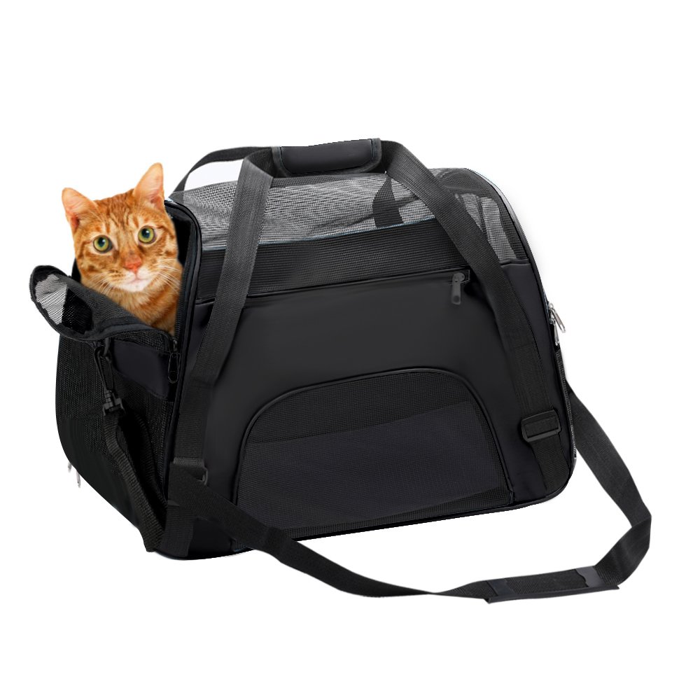 DONYER POWER Soft Sided Pet Carrier for Cats Comfort Airline Approved Under Seat Travel Tote Bag, Travel Bag for Small Animals with Mesh Top and Sides,BLACK