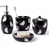 LemonRoad 4 Pcs Halloween Ceramic Bathroom Accessories Set Black 3D Ghost | Black White 3D Ghost Soap Dispenser Tumbler Toothbrush Holder, Vanity Tray Cotton Swab Jar for Halloween Bathroom Decor