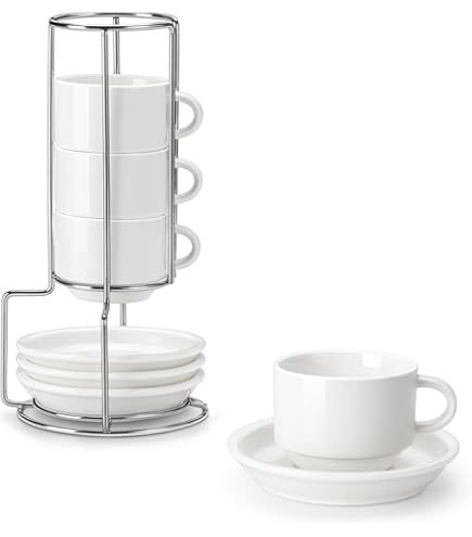 Juego De 4 Tazas De Espresso Con Platillos Y Cucharas - 2.5 Onzas, Porcelana Blanca Premium, Apto Para Lavavajillas
