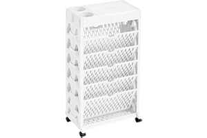 AGTEK 5 Tier Rolling Utility Cart, Double Row, Book Cart with Wheels, Office Book Cart with Top Divider Shelf for Organizing Books and Supplies in The Home, Office, Classroom, White