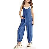 BesserBay Girls Summer Adjustable Spaghetti Strap Jumpsuits Sleeveless Casual Loose Long Rompers with Pockets 5-14 Years