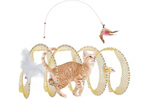 AVYDIIF Spiral Tunnel Cat Toy, 25.59 Inches Unfolded with Cat Wand Self Play Collapsible, Hunting Spiral Tunnel with Feather Mouse Toys and Bell for Indoor Kitten Play Chase Exercise (Yellow)