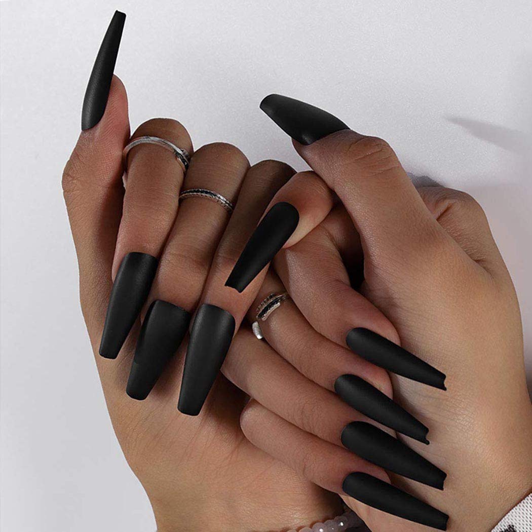 Handcess Halloween Coffin Matte False Nail Long Black Ballerina Press on Nails Pure Color Full Cover Fake Nail Stick on Nail for Women and Girls