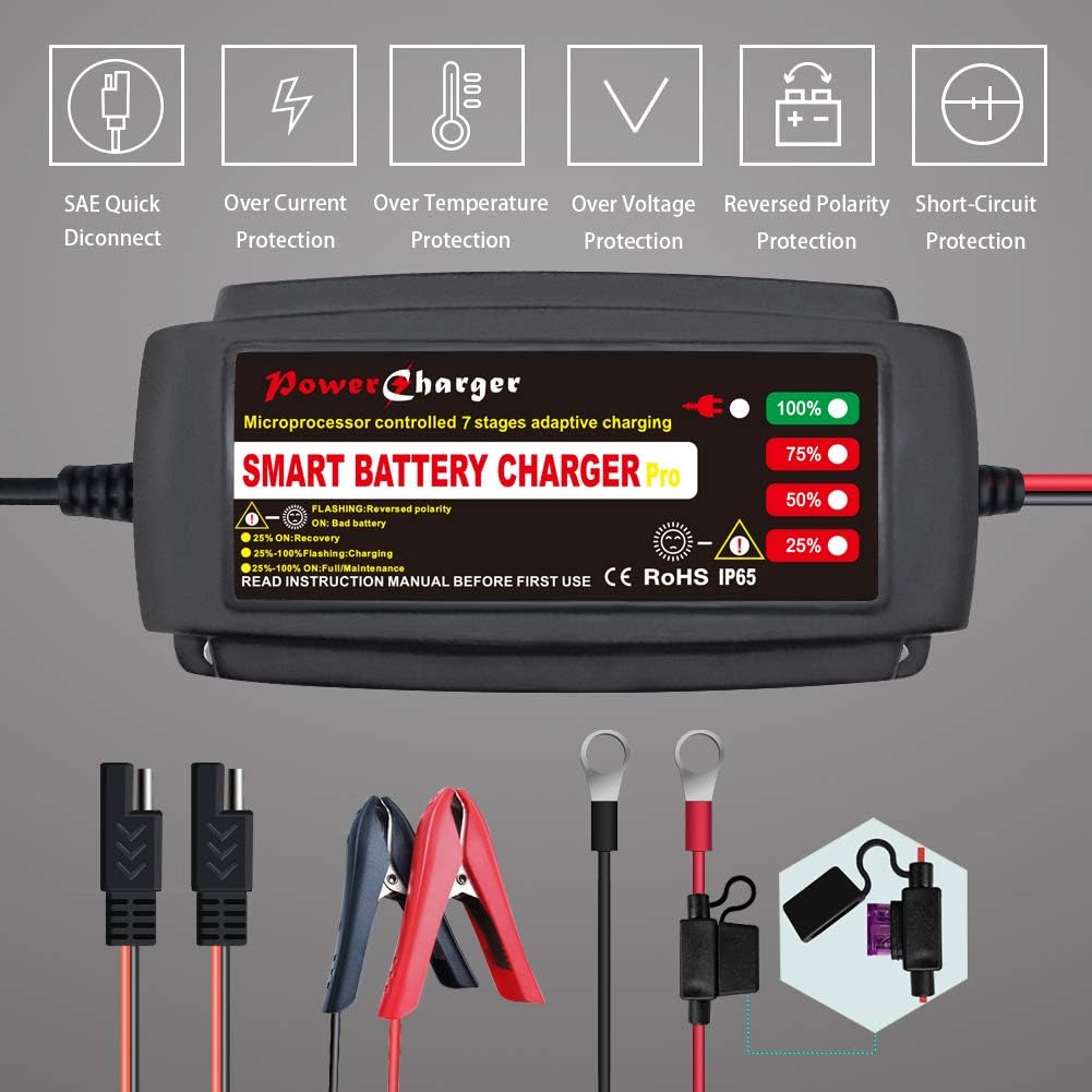 12V 5A Smart Car Battery Charger, Automatic Portable Battery Maintainer and Trickle Charger Fast Charging for Motorcycle Truck Marine Boat Lawn Mower SUV ATV RV SLA AGM GEL WET and More (black): Automotive