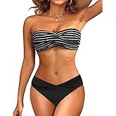 Women's Strapless Bandeau Bikini Set - Twist Front Two Piece Swimsuit with Side Tie Bathing Suit Bottom