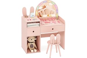 Costzon Kids Vanity, Girls Vanity Set with Mirror and Stool and Lights, Drawers & Storage Compartments, Toddler Makeup Vanity Desk Dressing Table, Wooden Kids Vanity Table and Chair Set (Pink)
