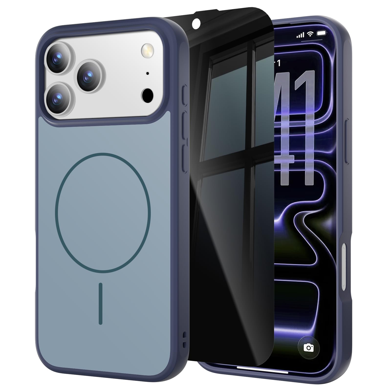 Misscase Magnetic for iPhone 17 Pro Case with Privacy Screen Protector,Compatible with MagSafe,Anti-Fingeprint Anti-Scratch Military Grade Shockproof Protective Phone Cover Blue