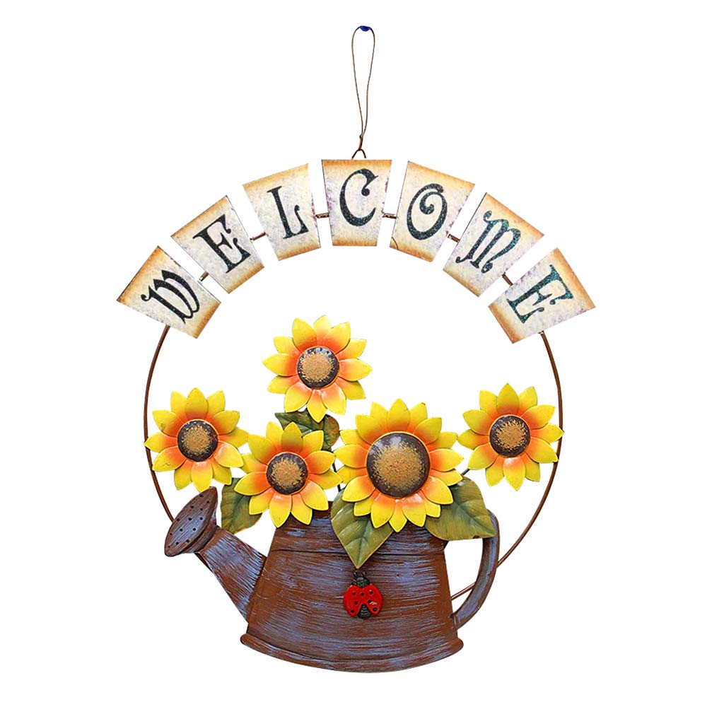 Vintage Metal Welcome Sign Hanging Sunflower Watering Can Design Froot Door Hanging Decor Indoor Outdoor