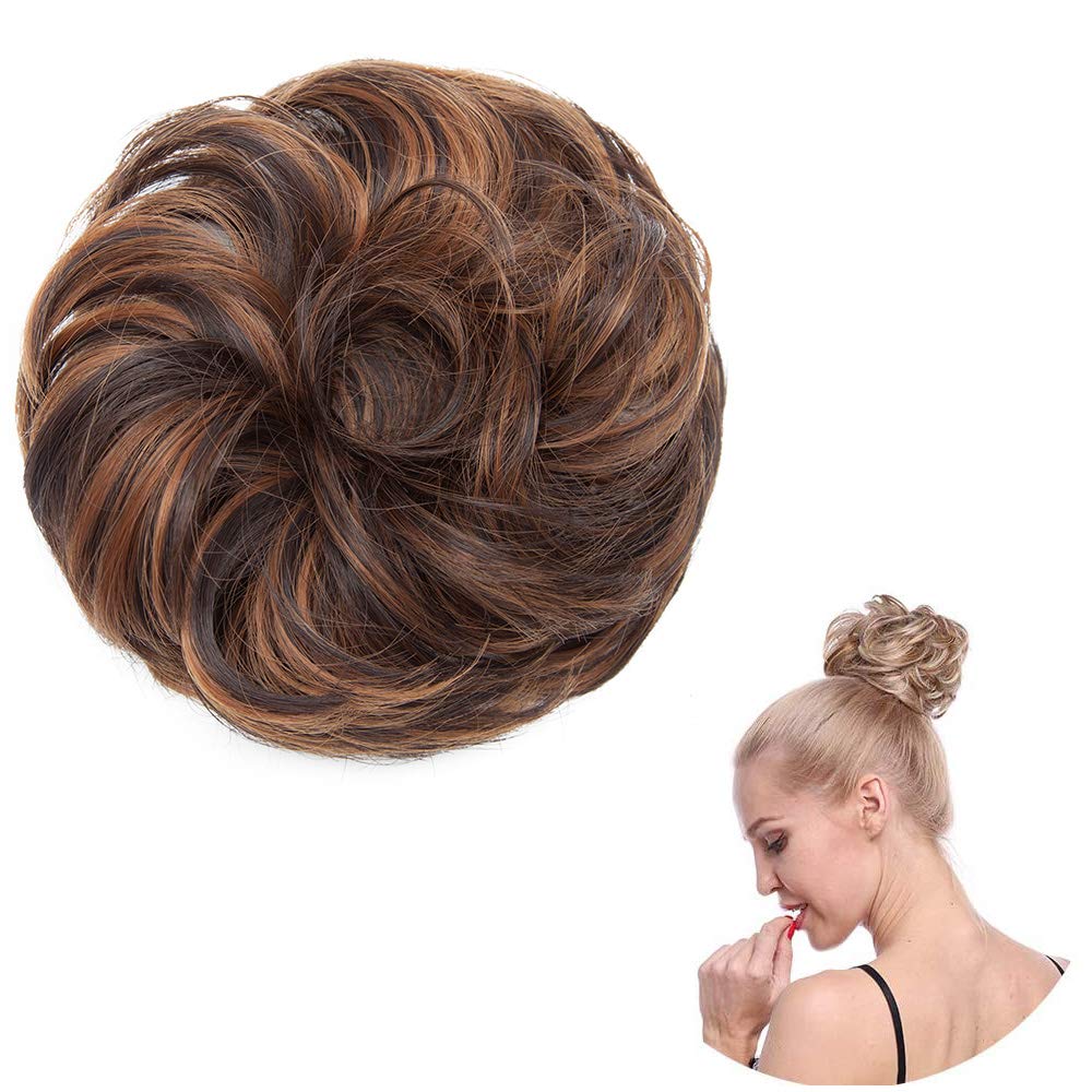 Thick Hair Donut Scrunchie Bun Updo Hairpiece Scrunchy Wavy Curly Messy Hair Ribbon Chignon Ponytail Extension [Dark Brown & Light Auburn]