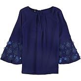 Alfani Womens Applique Bell Sleeve Tunic Blouse, Blue, Large