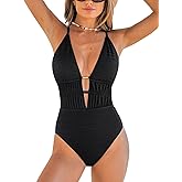 CUPSHE Women's One Piece Swimsuit Plunging Neck Cutouts Bathing Suit Textured Ruched Crisscross Back Self Tie Swimwear