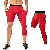 GENEMEN Mens One Leg Compression Tights for Basketball Gym Sport Leggings 3/4 Compression Pants with Pockets