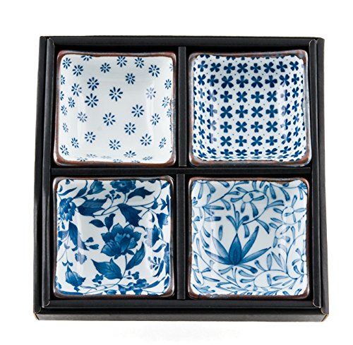 Authentic Japanese Porcelain Square Shape Condiment or Sauce Dish for Appetizer Dessert Salad Snack Candy Fruit Multi Purpose Platter Dishes 3.5 Inch Square Assorted Designs 4 Piece Pack Made in Japan - Thumbnail 3