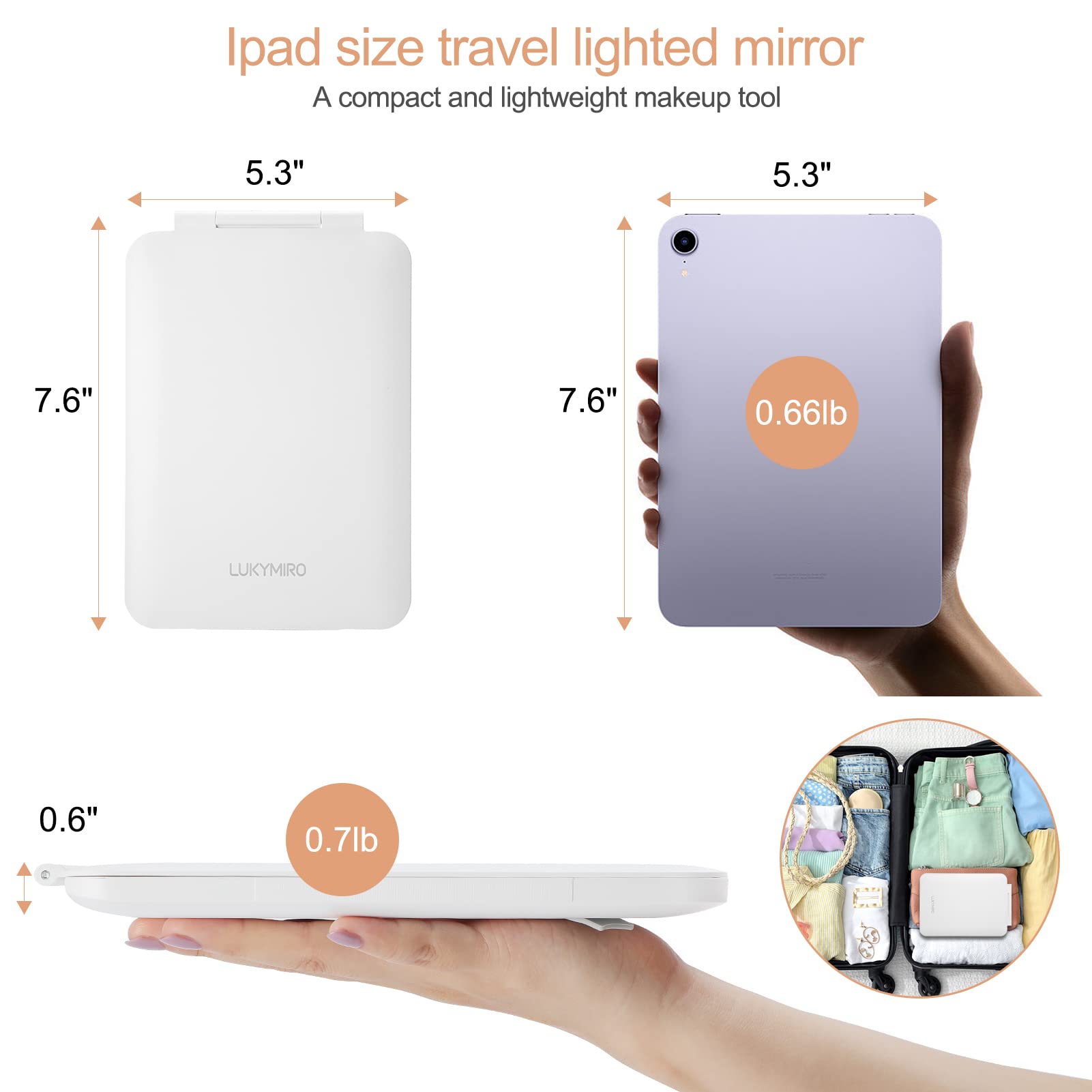 Rechargeable Travel Makeup Mirror with Lights, Portable Lighted Regular Mirror with Small 10X Magnification, 70 LEDs 3 Color Dimmable, Tabletop Folding Compact Cosmetic Mirror