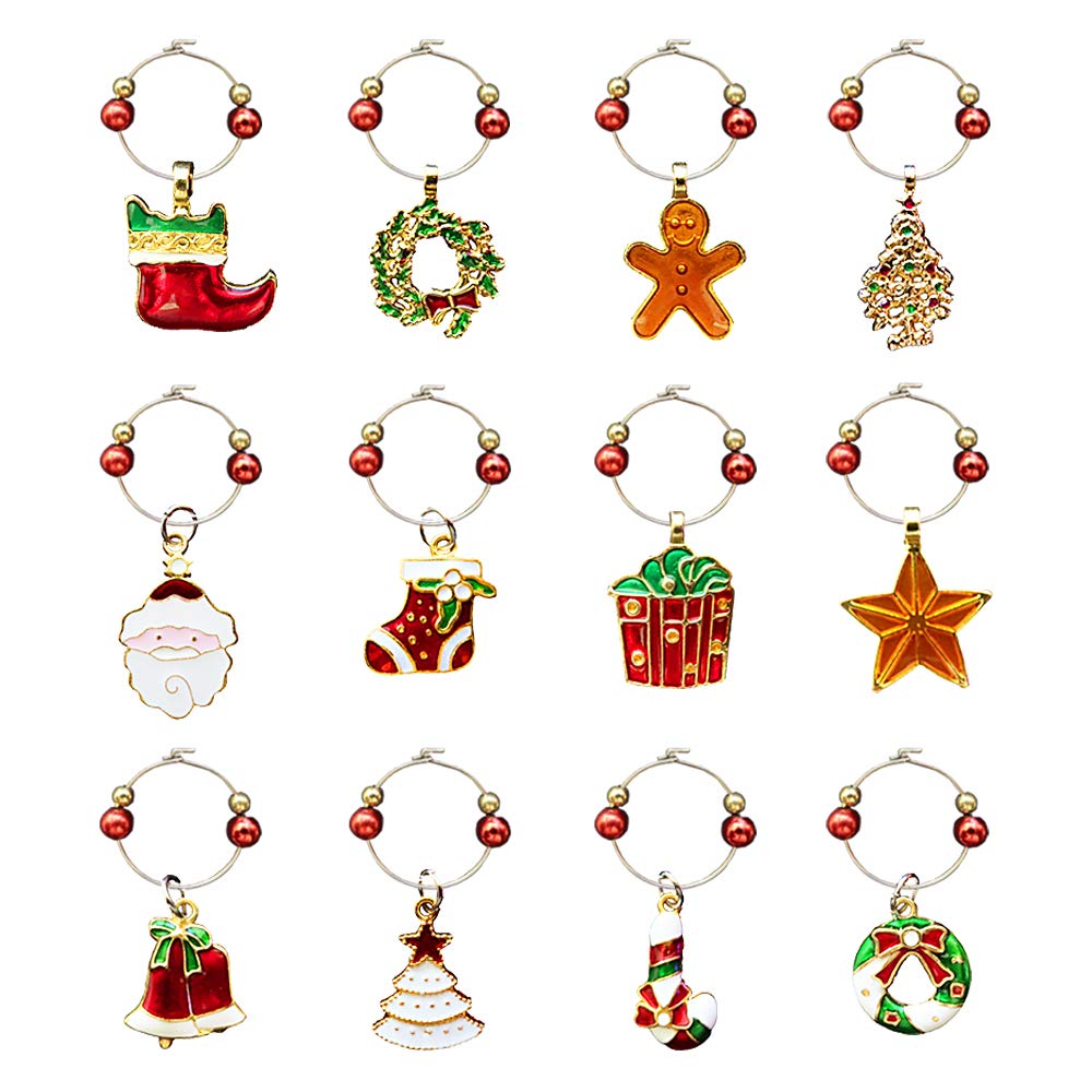 12 pcs Wine Glass Charms, CNYMANY Zinc Alloy Christmas Themed Goblet Drink Markers Tags with Buckle Design for Christmas Wine Cocktail Champagne Tasting Party Favors Supplies Gifts