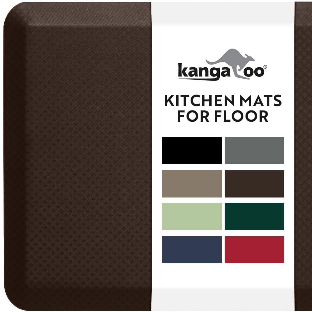 kangaroo anti fatigue mats for kitchen floor, 39x20, reduce foot, knee, back pressure, 3/4 inch thick cushioned ergonomic mat, waterproof comfort rug for under sink, standing desk, store floors, brown