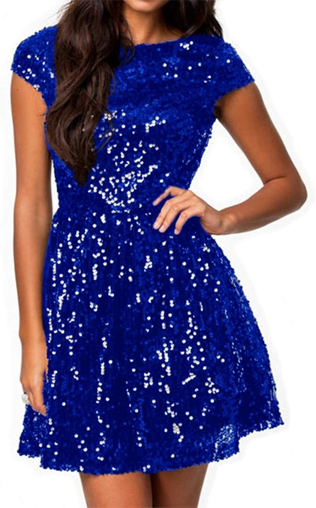 828 - Plus Size Cap Sleeves Sequins Skater Cocktail Club Dress