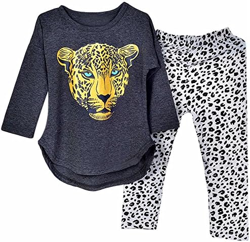 Kidlove Leopard Head Print T-shirt Skinny Leopard Print Pants Girls Clothing Set Outfit Girls Clothes Pajamas Size 8 Size 7 Grey