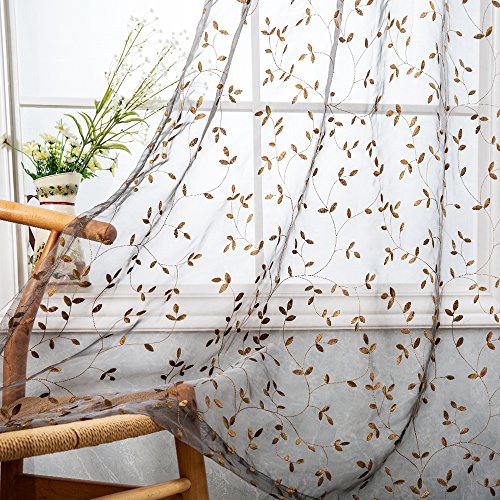 Floral Leaves Embroidered Voile Curtains Retro Embroidery Curtains for Bedroom, Set of Two, W52