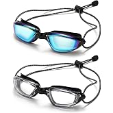 Aegend Swimming Goggles with Adjustable Bungee Strap, No Leak Anti-Fog UV Protection Mirrored Swim Goggles Adults (2 Pack)