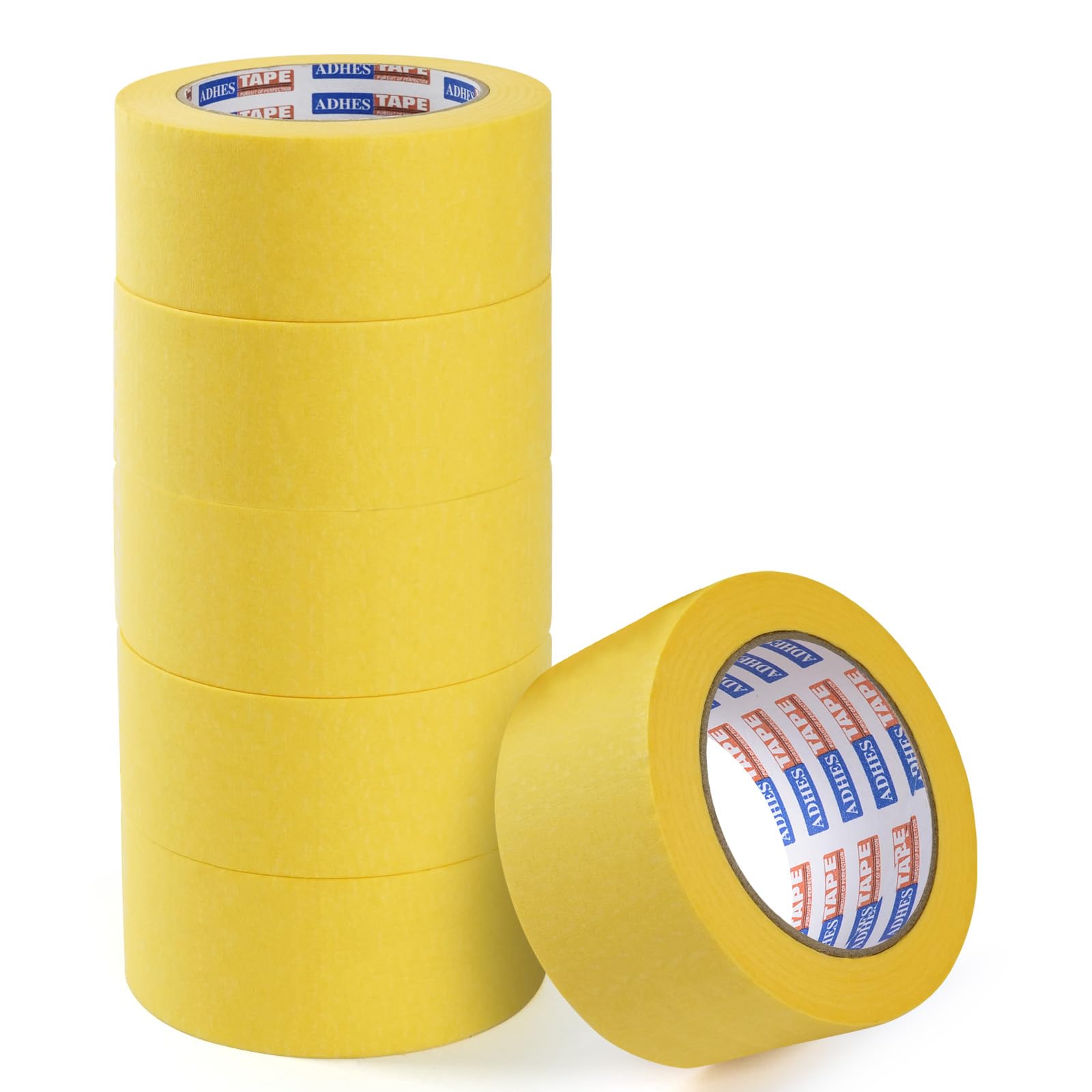 ADHES Yellow Painters Tape, Yellow Masking Tape, Painting Tape for Walls, Labeling, 14 Days Clean Remove, 50mm x 50m, (2Inch x 55yard), 6Rolls