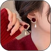 Red Rose Floral Pearl Drop Earrings for Women Retro Vintage Statement Dangle Earrings Elegant Romantic Accessories for Evening Party