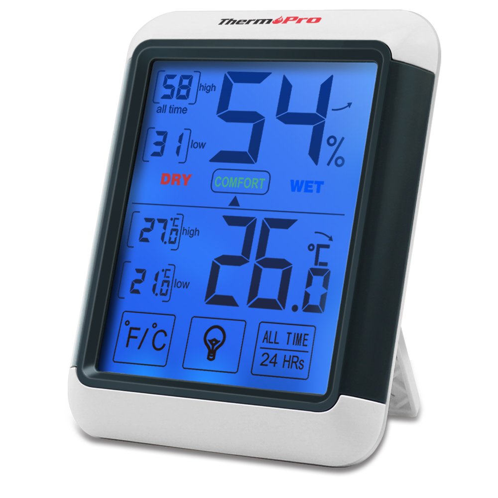ThermoPro TP Termómetro Higrometro digital con gran Pantalla táctil y Retroiluminación azúl