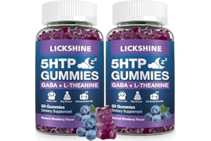 LICKSHINE 2 Pack 300MG 5-HTP GABA Sleep Supplement Gummies with 200mg L-Theanine Supplement for Brain, Mood Stabilizer and Sleep Support, Melatonin-Free, Omega 3-6-9 for Natural Zzzs, Blueberry Flavor
