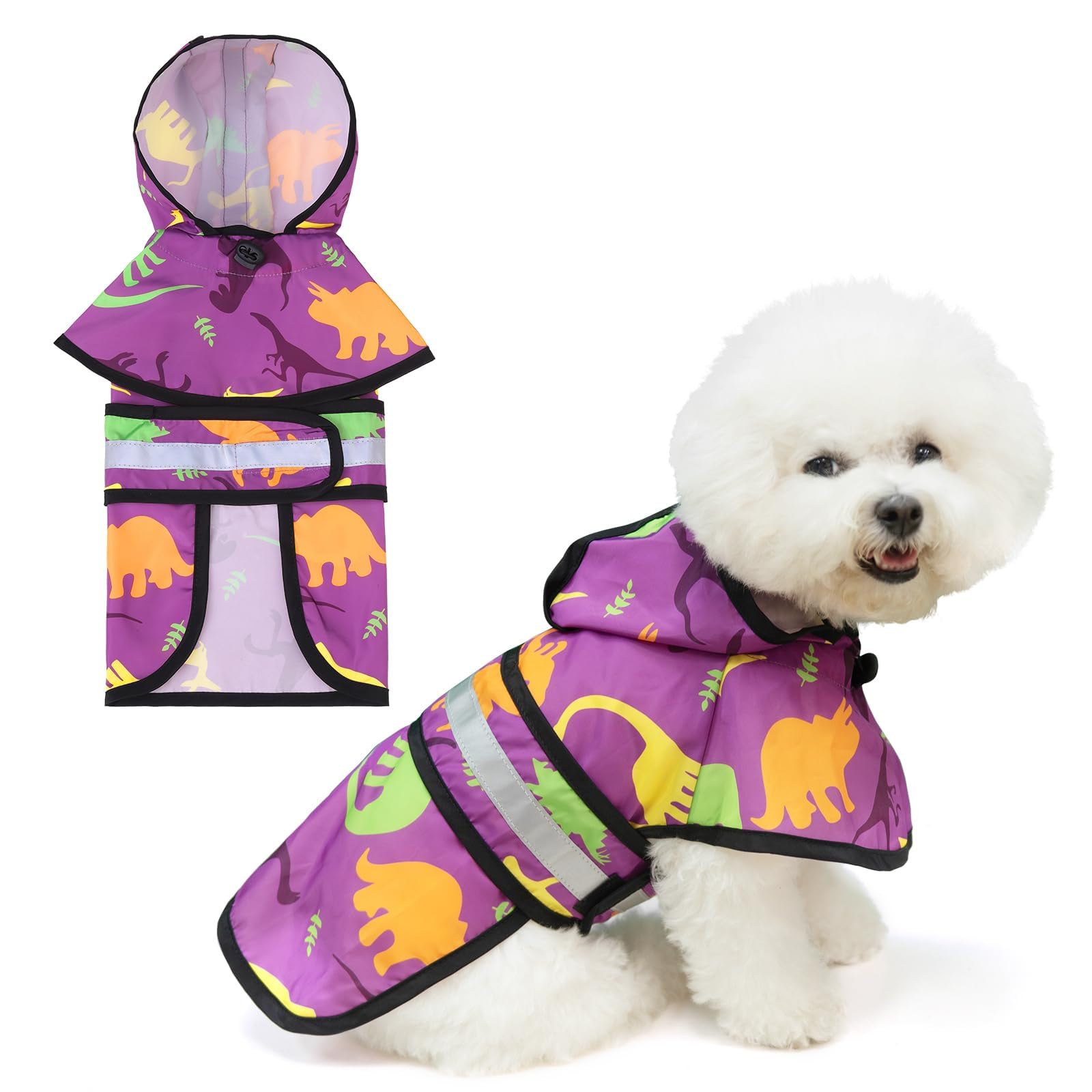 KOOLTAIL Dog Raincoat Waterproof, Adjustable Breathable Lightweight Raincoat For Dogs With Lead Hole,Cute Hooded Dog Rain coat With Reflective Strip For Small Medium Dogs,Dinosaur S