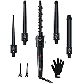 5 in 1 Curling Wand Set: Ohuhu Curling Iron Wand 5Pcs 0.35 to 1.25 Inch Interchangeable Ceramic Barrel Heat Protective Glove 2 Clips Dual Voltage Hair Curler for Girl Women Valentine's Day Gift Black