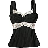 Women's Lace Trim Cami Tops Cable Knit Fairy Grunge Camisole Top Coquette Aesthetic Clothes