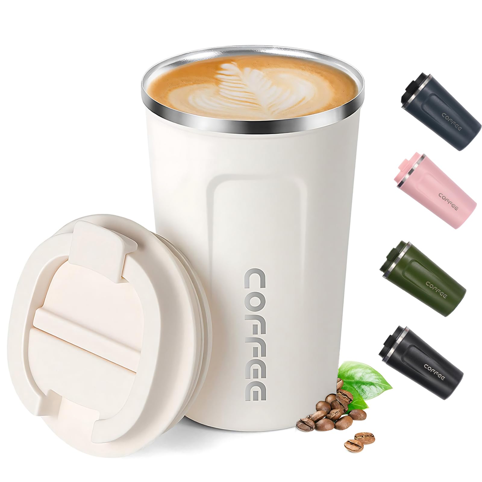 Shunshi Travel Mugs, Insulated Coffee Cup with Leakproof Lid - Reusable Coffee Cups Travel - Car Coffee Cup - Stainless Steel Thermal Mug for Hot and Cold Coffee Water and Tea.380ml(White)