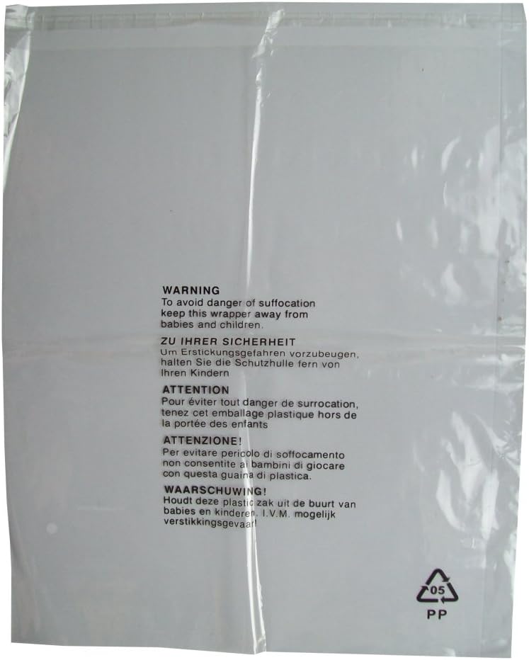 50 CLEAR TRANSPARENT PLASTIC SELF SEAL GARMENT CLOTHING RETAIL PACKAGING BAGS SAFETY WARNING EXTRA LARGE XL 18x22" 450x550mm 38mu POLYPROPYLENE SHIRT T-SHIRT STORAGE PROTECTION DISPLAY PACKING