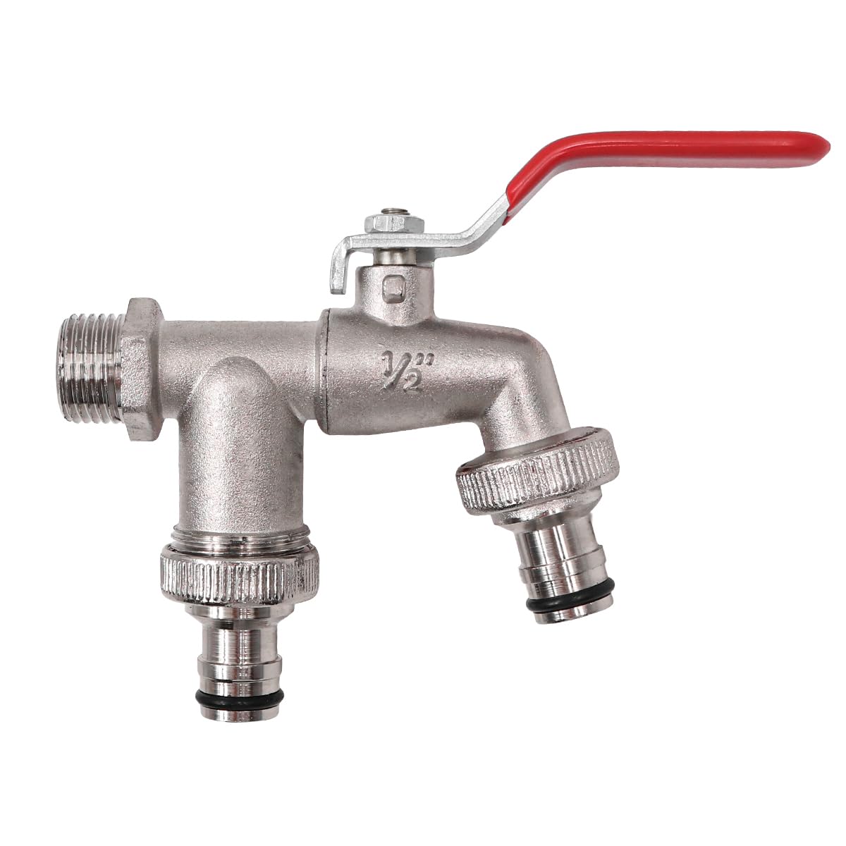 POFET 1/2'' Brass Double Water Tap, Rust and Antifreeze Double Output Garden Tap, Double Output Multi-Function Faucet Controlled by Two switches for Garden/Washing Machine