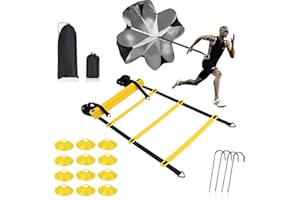 BIO-MD Speed Ladder Agility Training Set - 12 Rung 20Ft Agility Ladder, 12 Field Cones, 4 Steel Stakes, Resistance Parachute with Carrying Bag for Soccer Basketball Football Boxing Footwork Sports Training