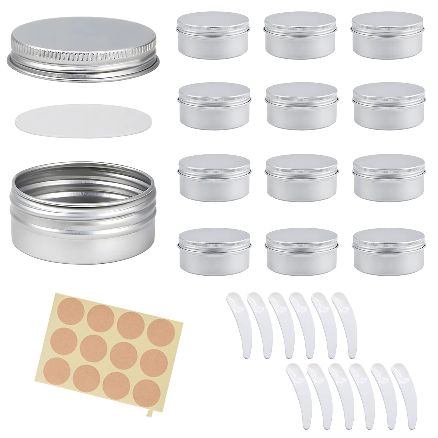 12 Pieces 50 ml Aluminium Tin Jars Empty Containers Tins with Screw Lids Cosmetics Container Pots with Labels and Mini Spatula for Lip Balm Cream Candles Cosmetics