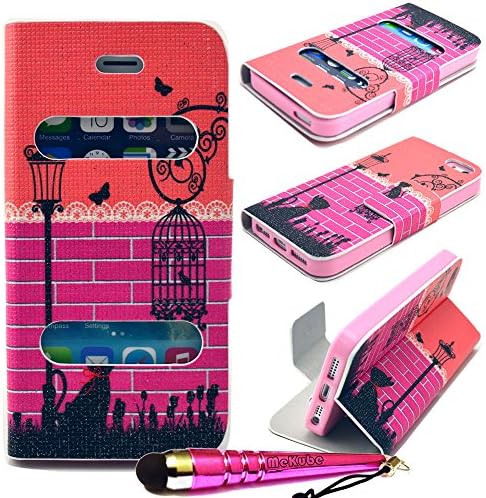 MeKube (TM) Fashionable iPhone 5/5S Magnetic Flip Folio Cover PU Leather Stand Case With LCD Screen Protector &amp; Touch Stylus Pen for Apple iPhone 5S / iPhone 5 (Pink Bird Cage Cat Pattern)