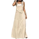 WDIRARA Women's Boho Embroidered Adjustable Straps Overall Dress Flowy Maxi Bib Pinafore Dress