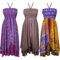 Wholesale Lot Of 3 Pcs Womens Sundress Recycled Silk Sari Vintage Two Layer Motivated To Amaze Halter Dress