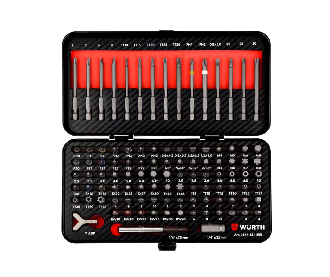 Würth 105-Piece 1/4 Inch Bit Set - Extensive Assortment of Standard and Security Bits in Short and Long Designs