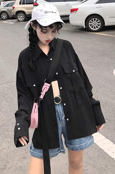 Amazon Debangniレディース シャツ 黒 オーバーサイズ カジュアルシャツ ワイシャツ シンプル おしゃれ 長袖 トップス 韓国風 ストリート系 ブラック シャツ ブラウス 通販