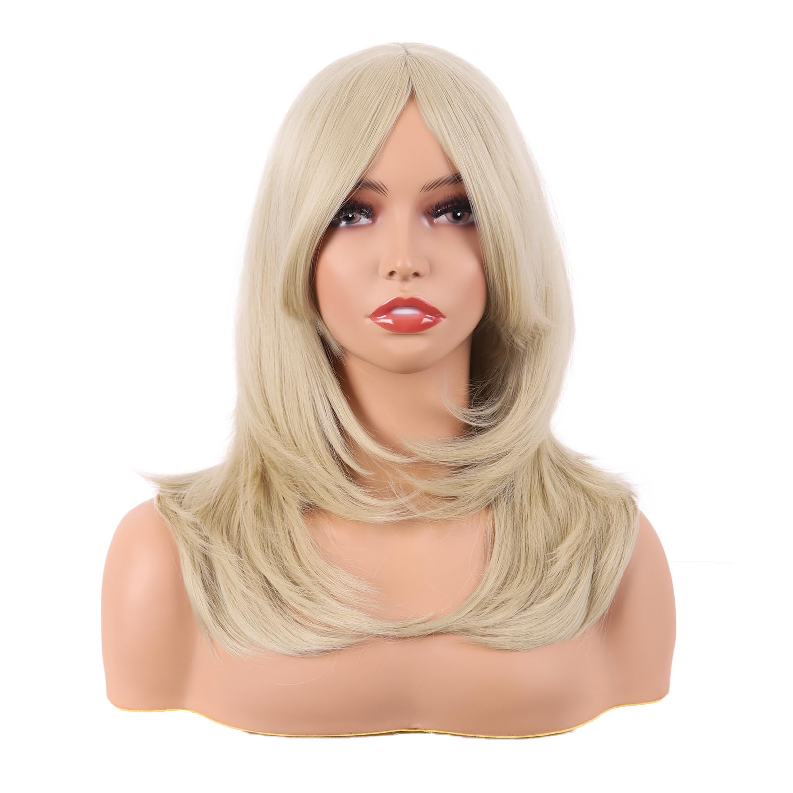 MapofBeauty 20 Inch/50 cm Long Layered With Bangs Straight Synthetic fiber Shoulder Length Hair for Daily Use or Party Wig (Blonde) — image 1